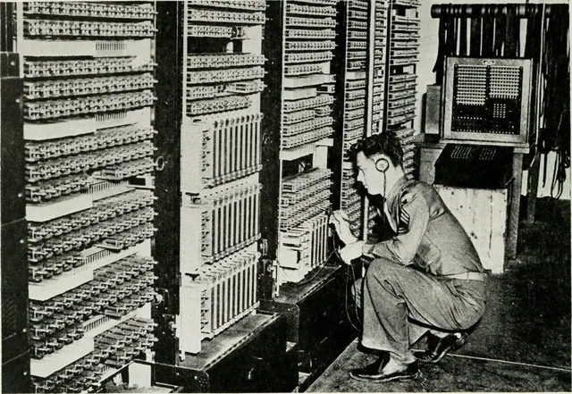 Original caption: "The relay computer used by the Army to perform complicated mathematical computations. Note the problem tapes on the rack at the right" Identifier : bellvol25tele. Book and literary reporting fact-check checklist