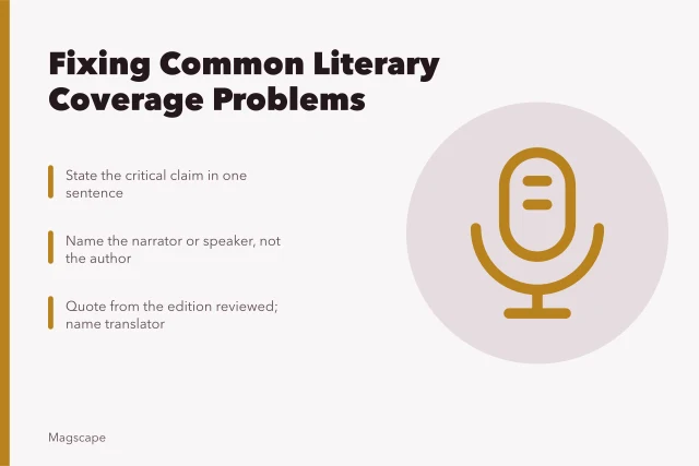 Editing icons for literary coverage fixes: claims, narrators, editions. Common literary coverage problems and practical fixes