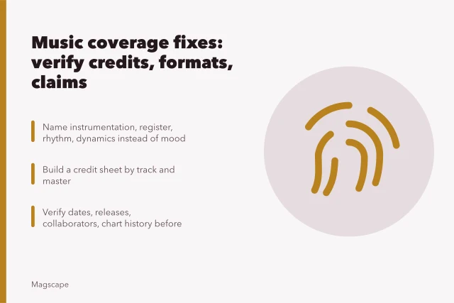 Checklist for verifying music credits, release formats, and biography claims. Common music coverage problems and practical fixes