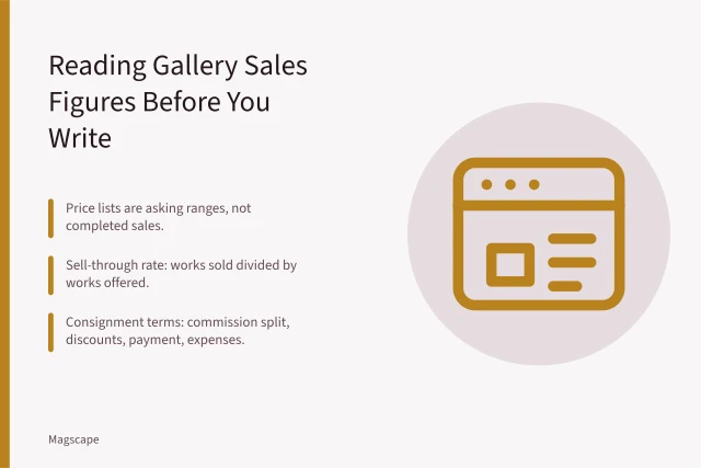 Card explaining gallery sales figures, sell-through rates, and consignment terms. How to Read a US Gallery's Sales Figures Before You Write About the Show