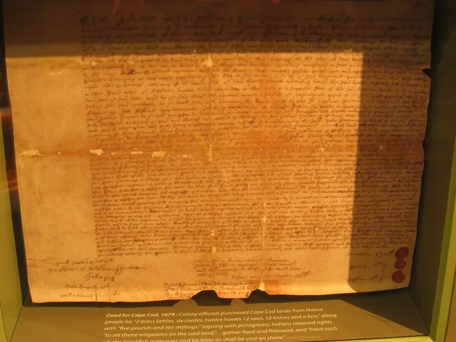 Deed for Cape Cod, 1679. Document exhibited in the Commonwealth Museum, in the Massachusetts Archives, Boston, Massachusetts, USA. US Museum Indigenous Land Acknowledgement Reporting
