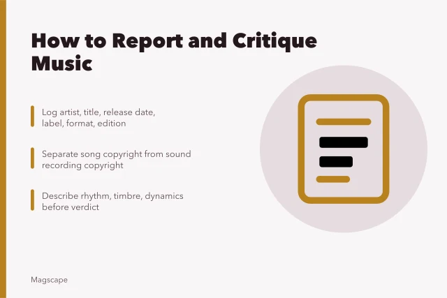 Guide to reporting and criticizing music with listening notes and credits. Music reporting and criticism: a practical guide