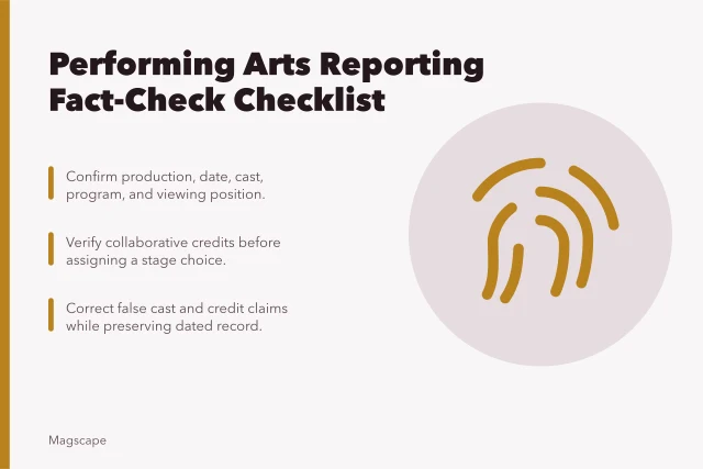 Checklist for verifying performing arts reporting facts and credits. Performing arts reporting fact-check checklist