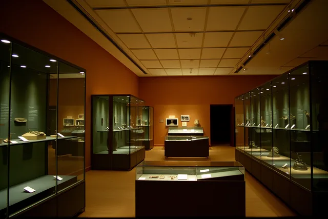 Museum gallery interior with display cases, object labels, and lighting. How to report a museum visit step by step