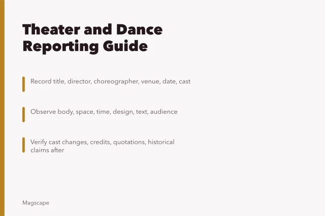 Guide to reporting theater and dance performances accurately. Theater, dance, and performance reporting guide