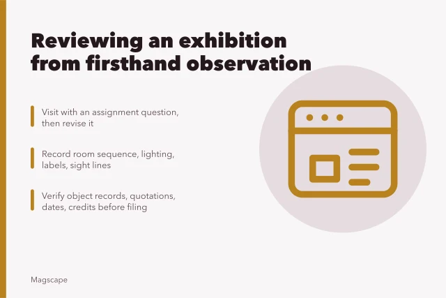Card outlining steps for writing an art exhibition review from observation. How to write an art exhibition review from firsthand observation
