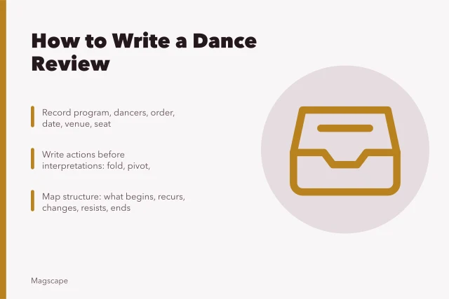 Dance review method: log event, describe movement, find structure, credit collaborators. How to write a dance or performance review